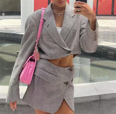 French Casual Small Plaid Short Blazer Suit