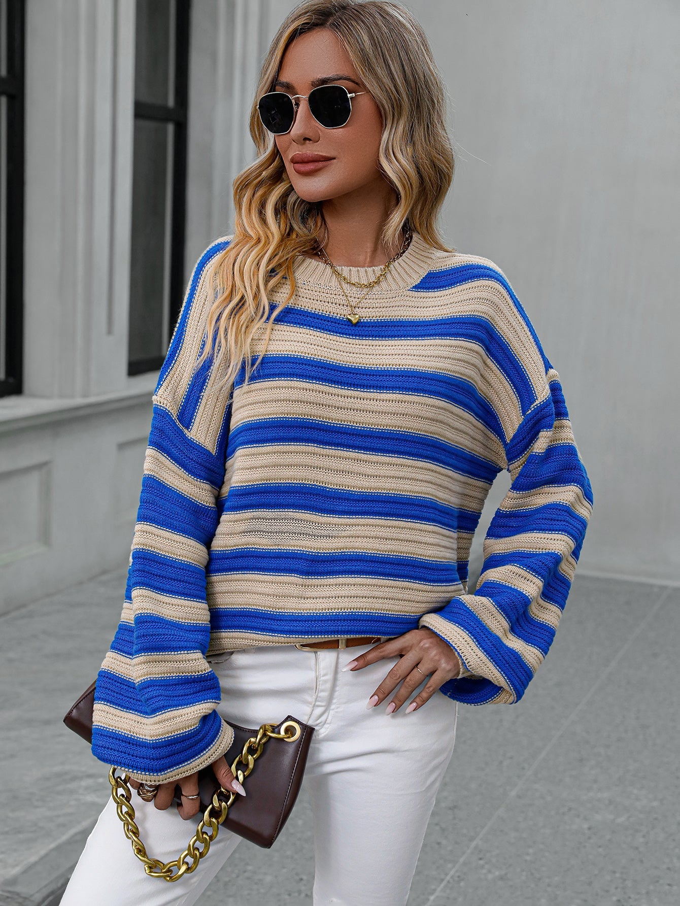 Striped Sweater Knitted Crew Neck Pullover Sweater