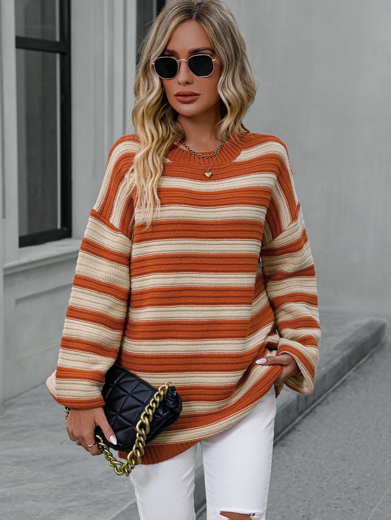 Striped Sweater Knitted Crew Neck Pullover Sweater