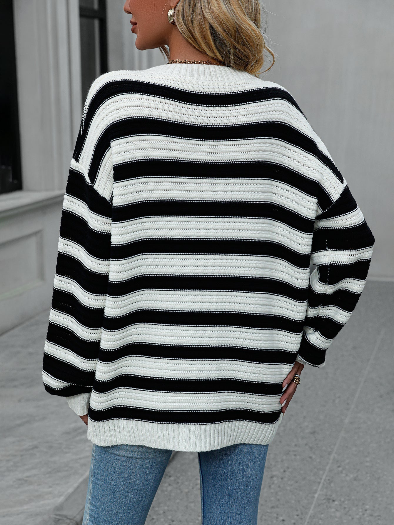 Striped Sweater Knitted Crew Neck Pullover Sweater