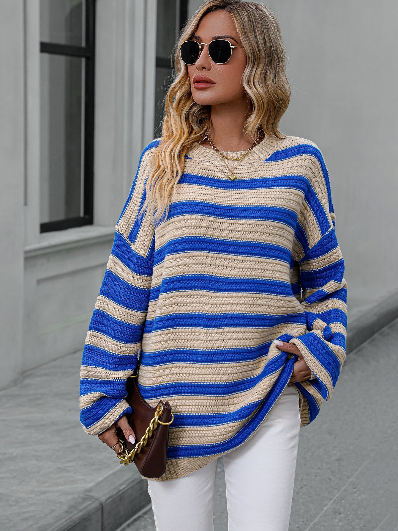 Striped Sweater Knitted Crew Neck Pullover Sweater