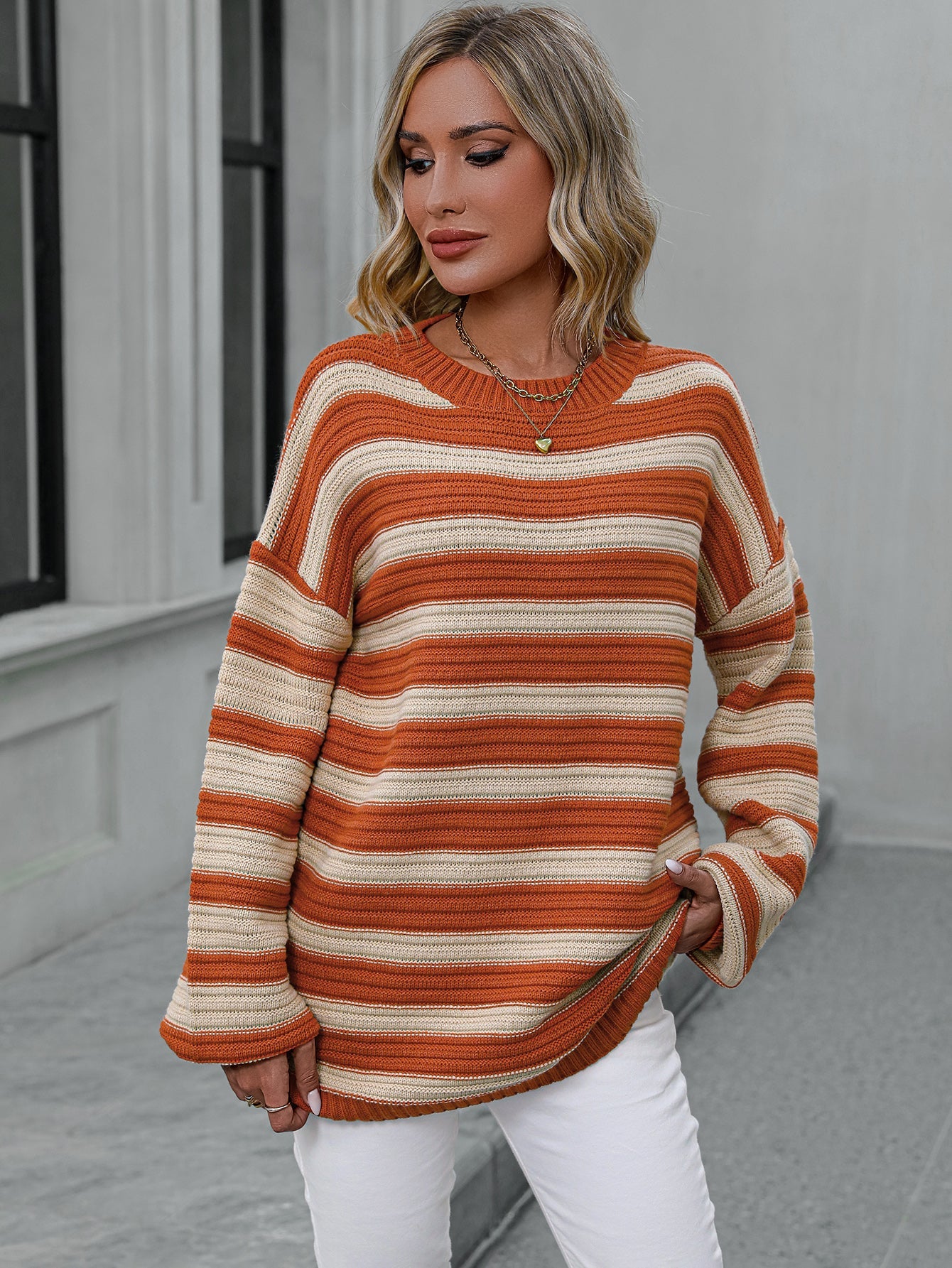 Striped Sweater Knitted Crew Neck Pullover Sweater