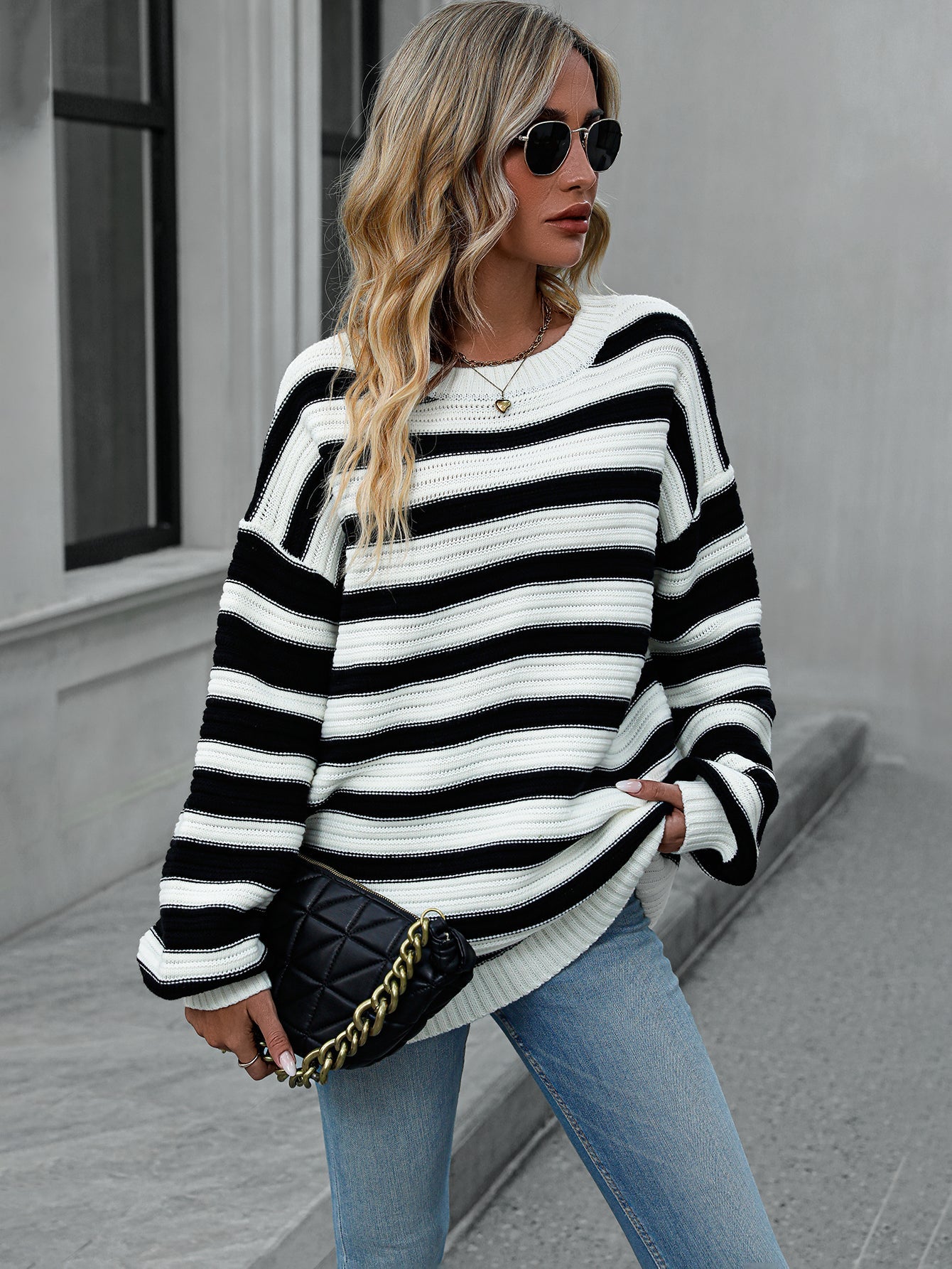 Striped Sweater Knitted Crew Neck Pullover Sweater