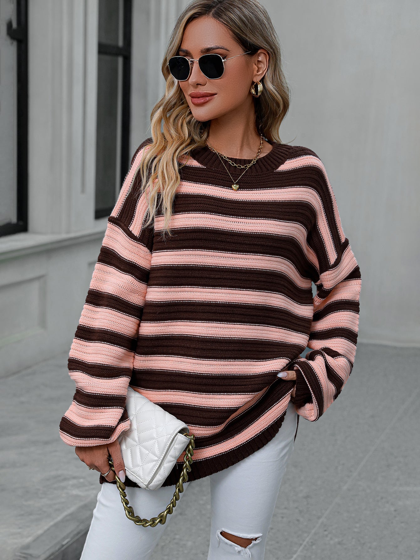 Striped Sweater Knitted Crew Neck Pullover Sweater