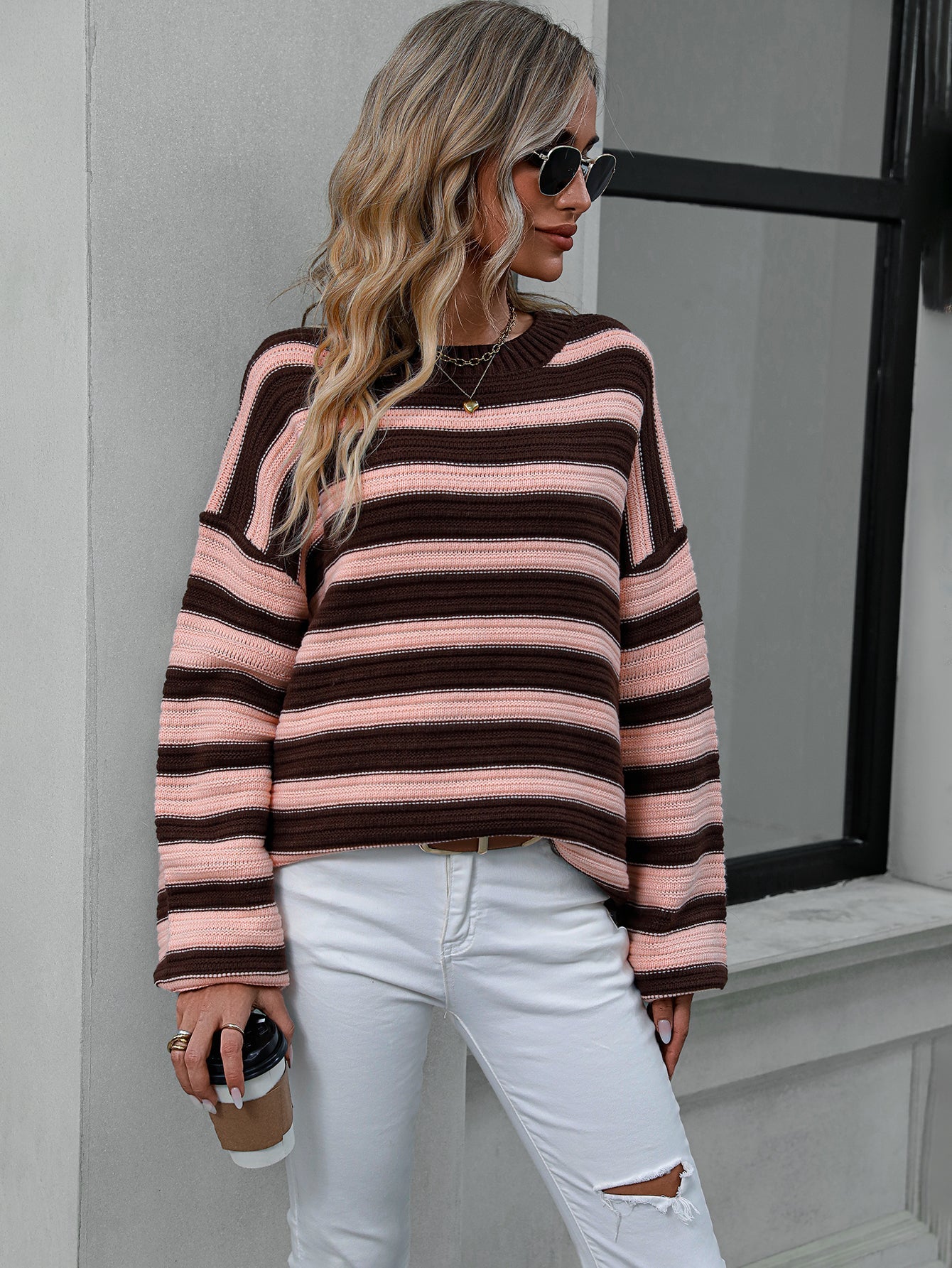 Striped Sweater Knitted Crew Neck Pullover Sweater