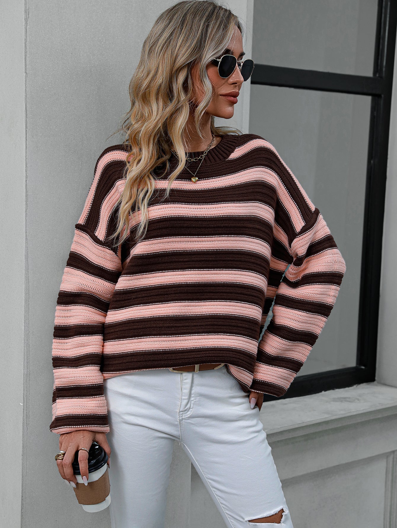 Striped Sweater Knitted Crew Neck Pullover Sweater