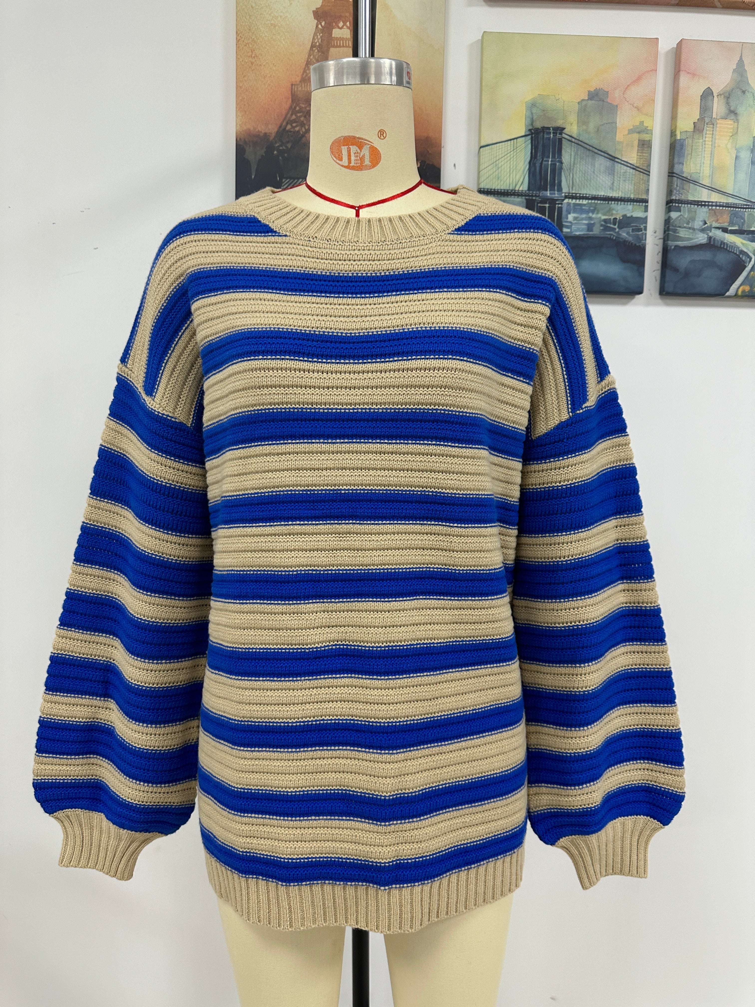 Striped Sweater Knitted Crew Neck Pullover Sweater