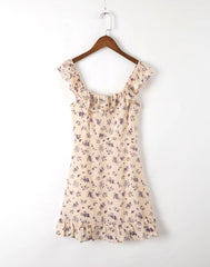 French Square Neck Cinched Ruffled Floral A Line Sleeveless Strap Dress