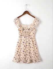 French Square Neck Cinched Ruffled Floral A Line Sleeveless Strap Dress