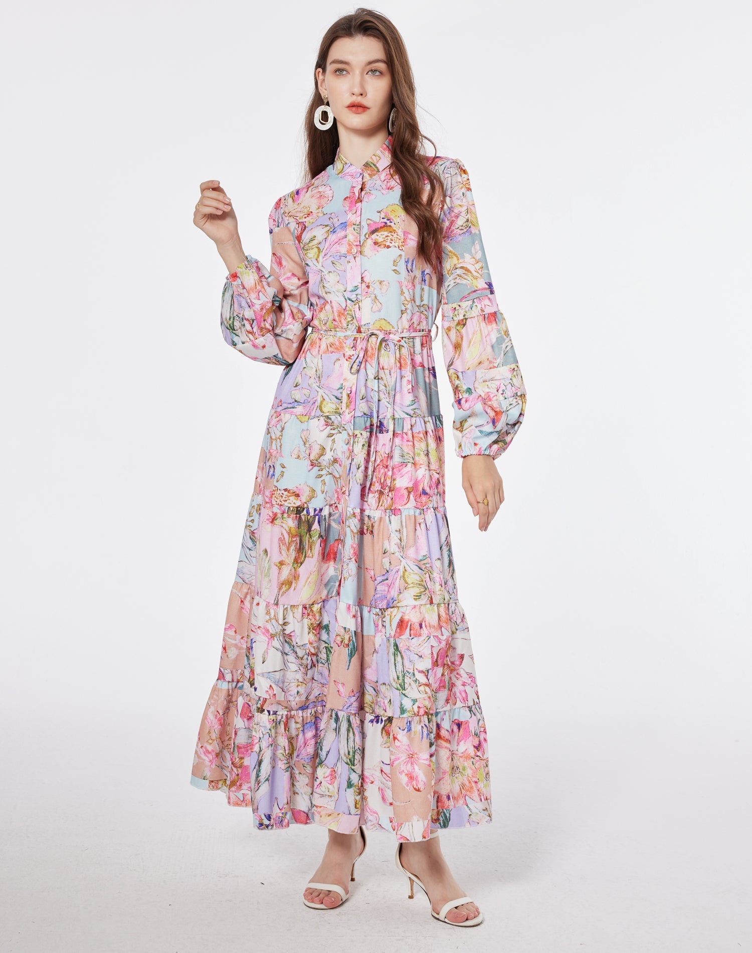 Robe longue imprimée à simple boutonnage, ample, à lacets, style vacances rétro
