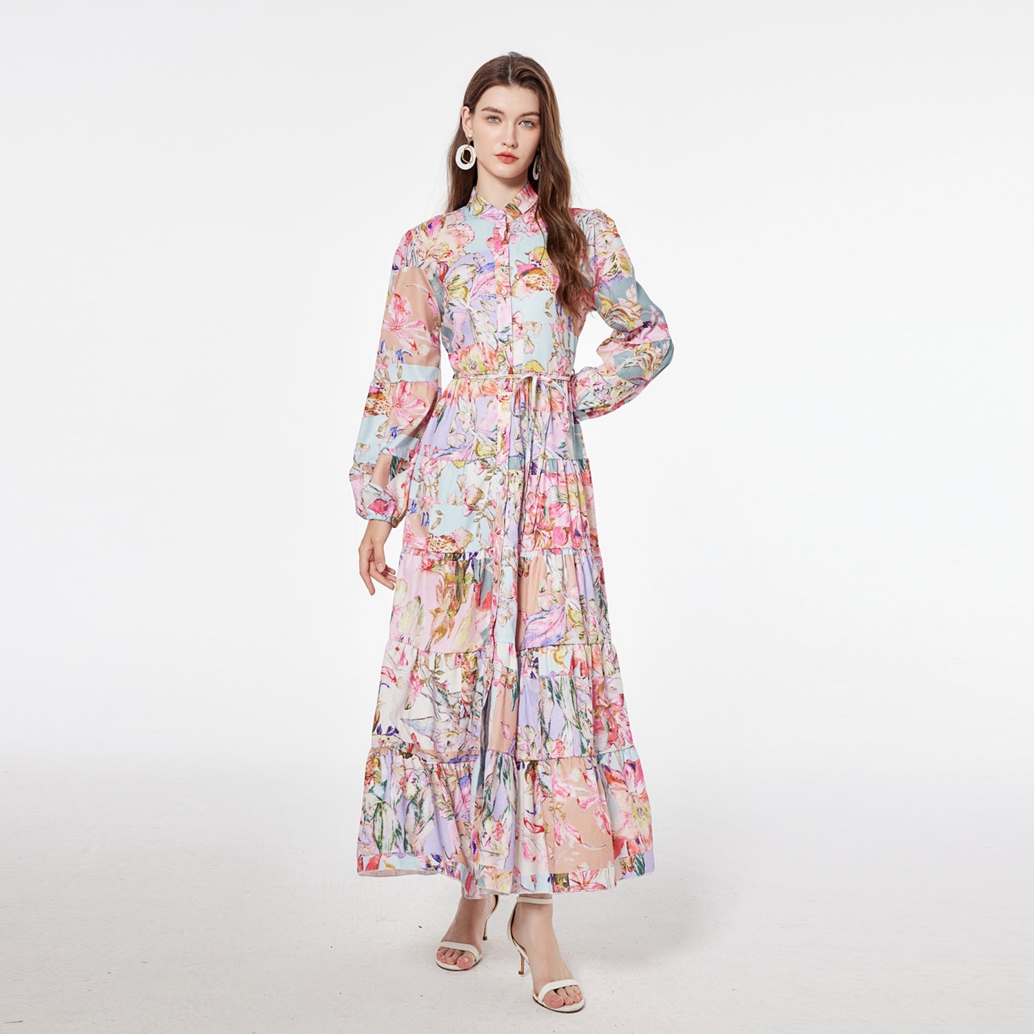Robe longue imprimée à simple boutonnage, ample, à lacets, style vacances rétro