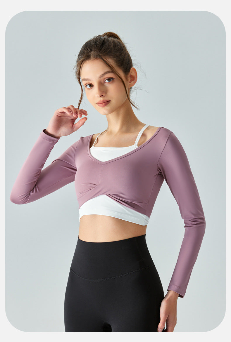 Faux Two Piece Sports Top with Chest Pad Semi Fixed Short Slim Fit Slimming Yoga Jacket Breathable Workout