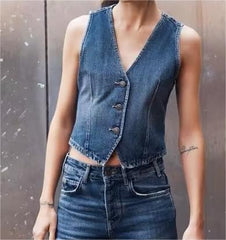 Denim Vest V neck Single Breasted Short Denim Waistcoat Vest button