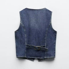 Denim Vest V neck Single Breasted Short Denim Waistcoat Vest button