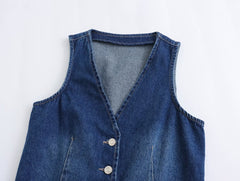 Denim Vest V neck Single Breasted Short Denim Waistcoat Vest button