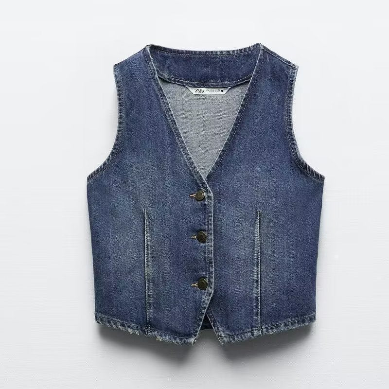 Denim Vest V neck Single Breasted Short Denim Waistcoat Vest button