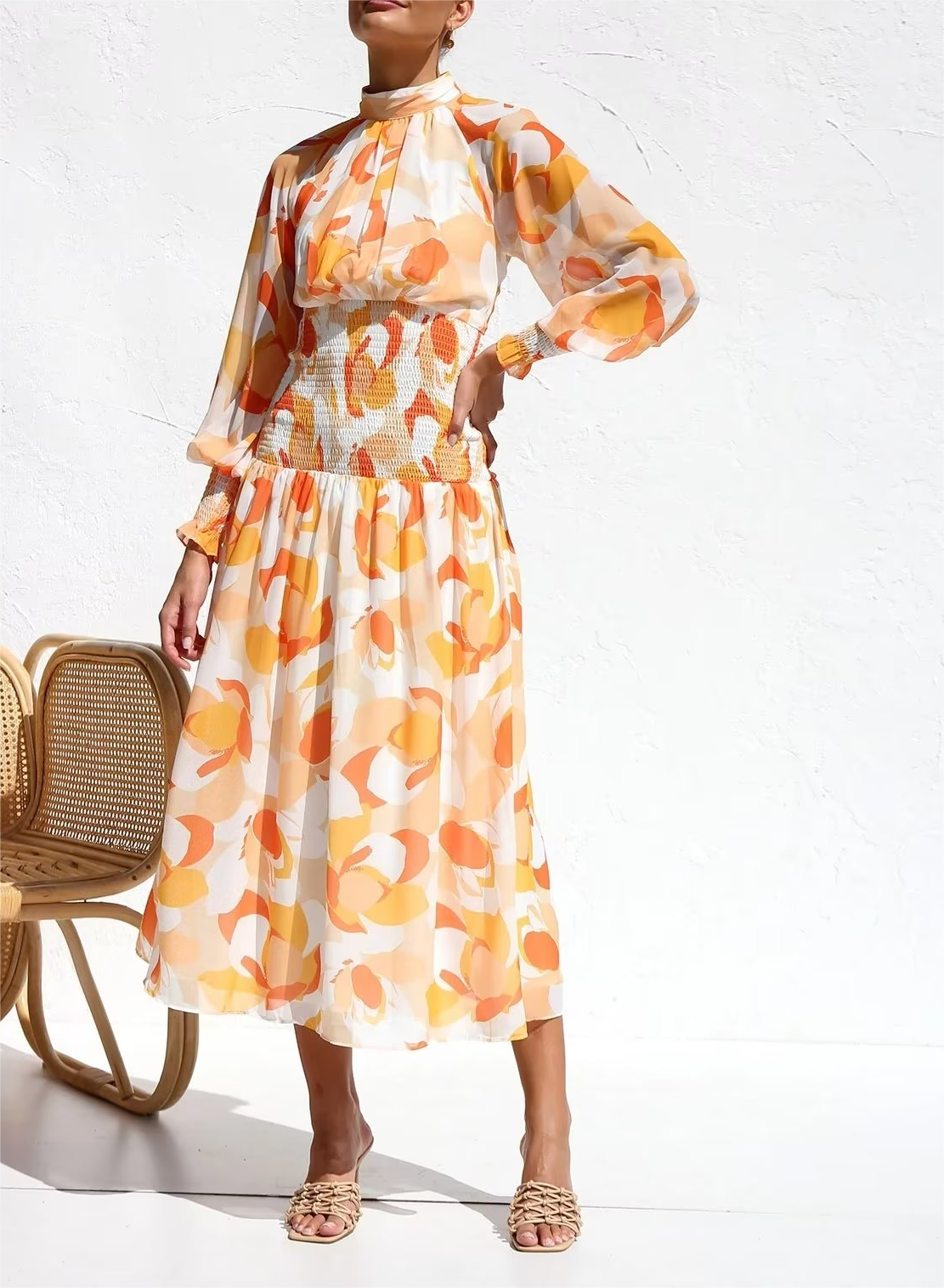 Printed Long Sleeve Close up Elastic Waist Dress