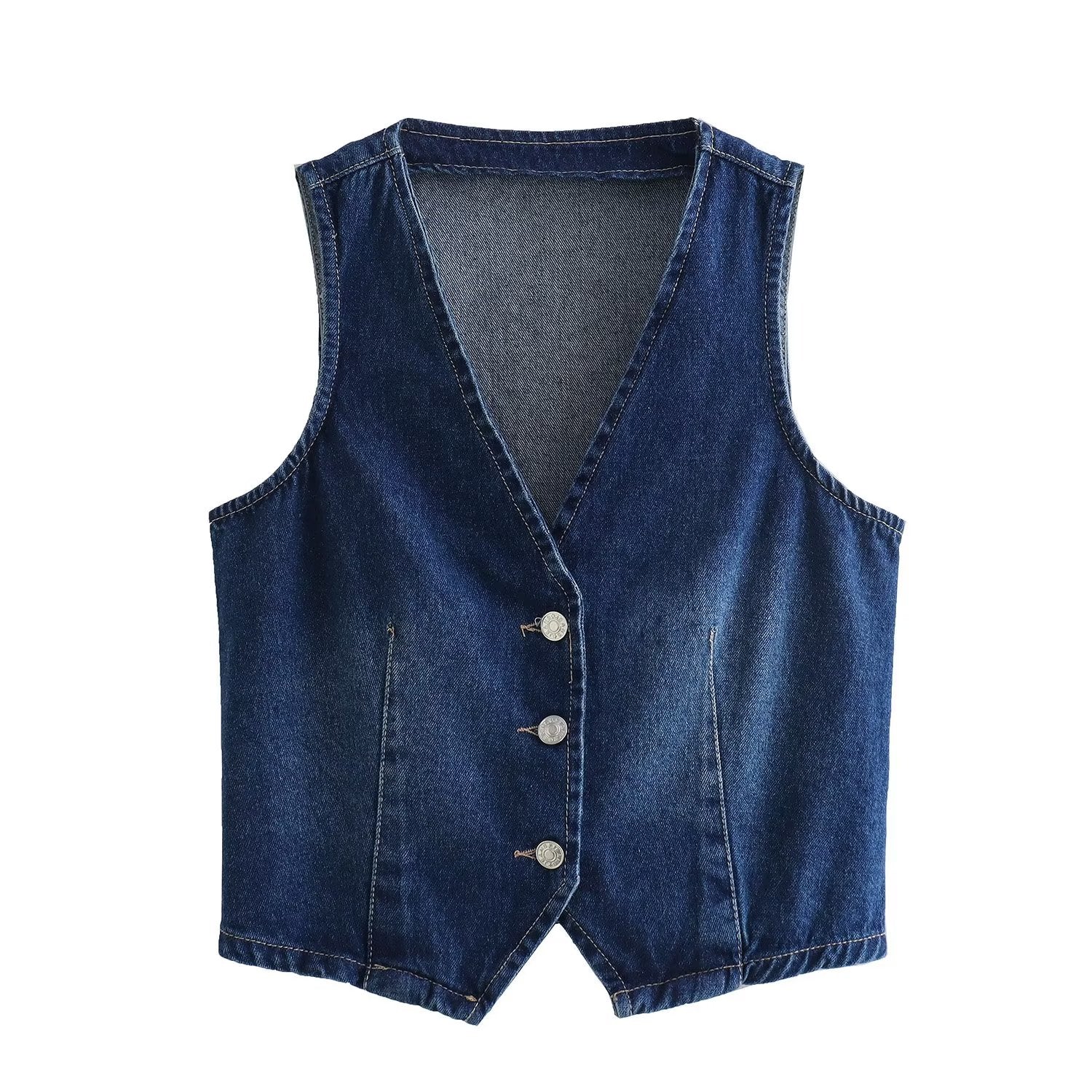 Denim Vest V neck Single Breasted Short Denim Waistcoat Vest button