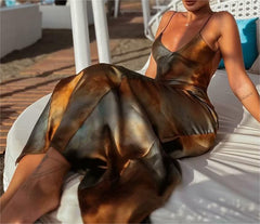 French Silk Satin Texture Printing Backless Dress