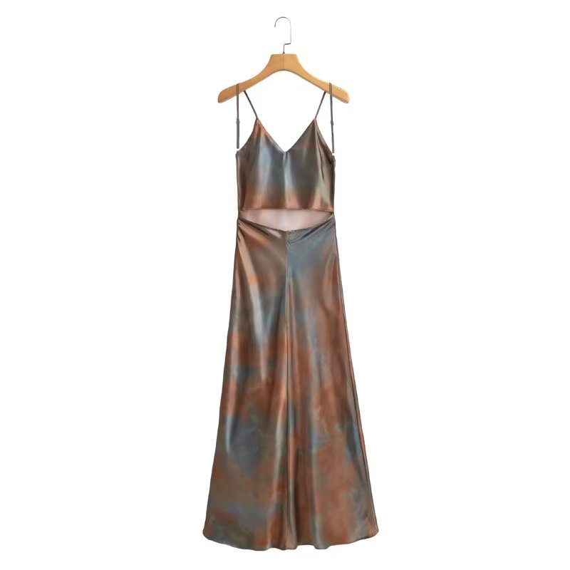 French Silk Satin Texture Printing Backless Dress