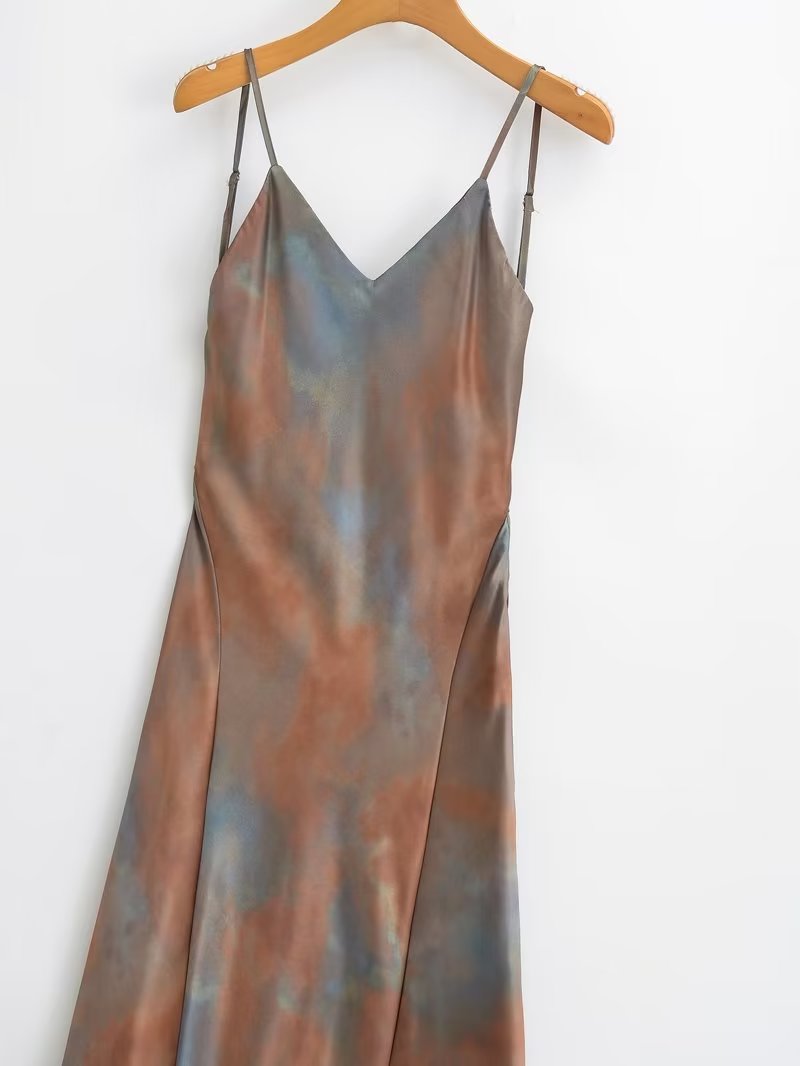 French Silk Satin Texture Printing Backless Dress