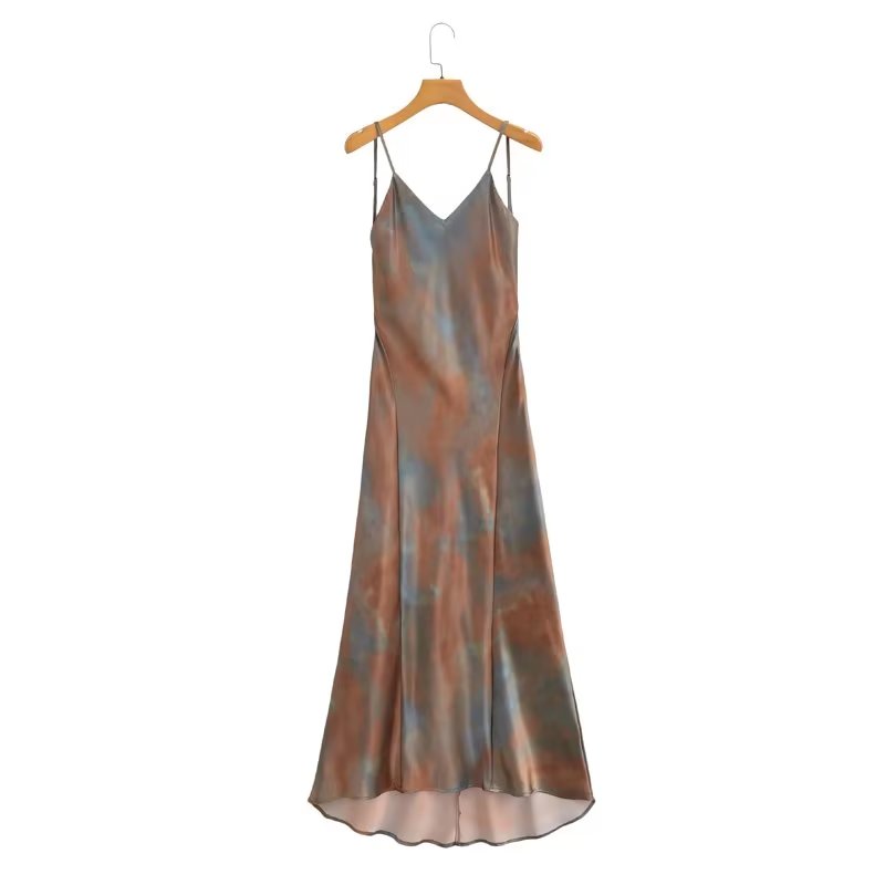 French Silk Satin Texture Printing Backless Dress