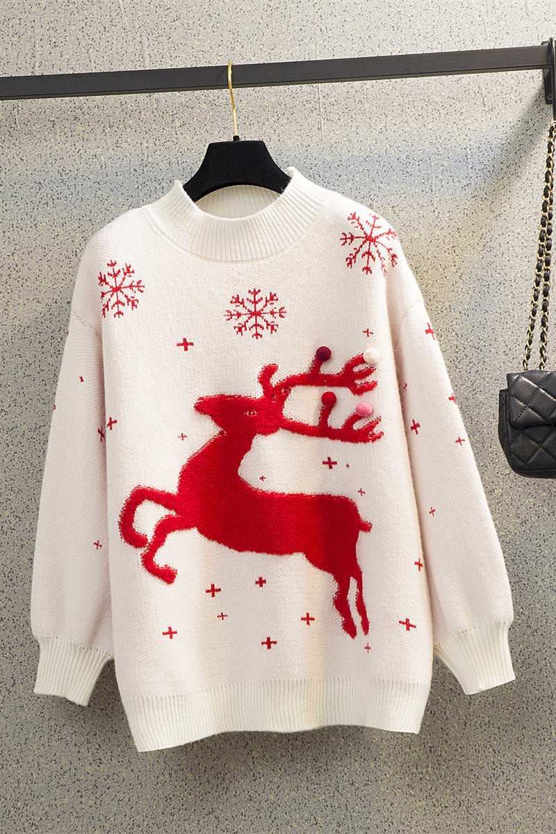 Christmas Year Red Elk round Neck Sweaters Loose Lazy All Matching Pullover Knitwear