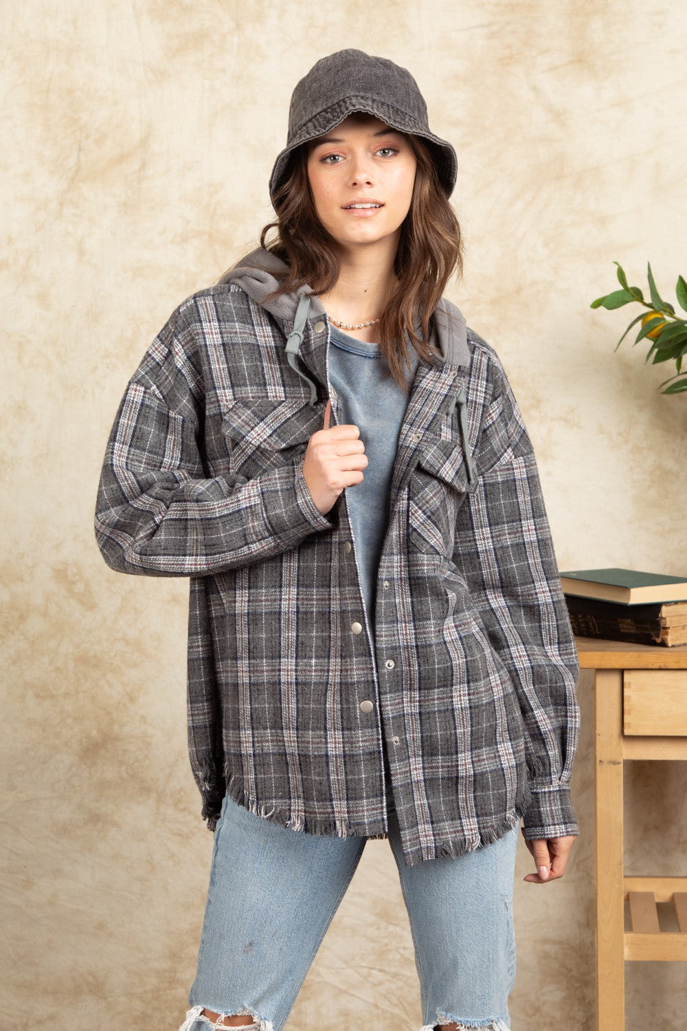 Hooded Large Pocket Plaid Shacket