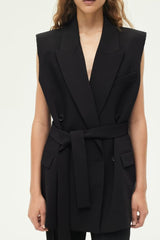 Tuxedo Collar Belt Vest High Waist Casual