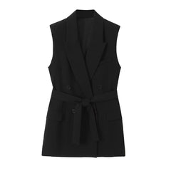 Tuxedo Collar Belt Vest High Waist Casual