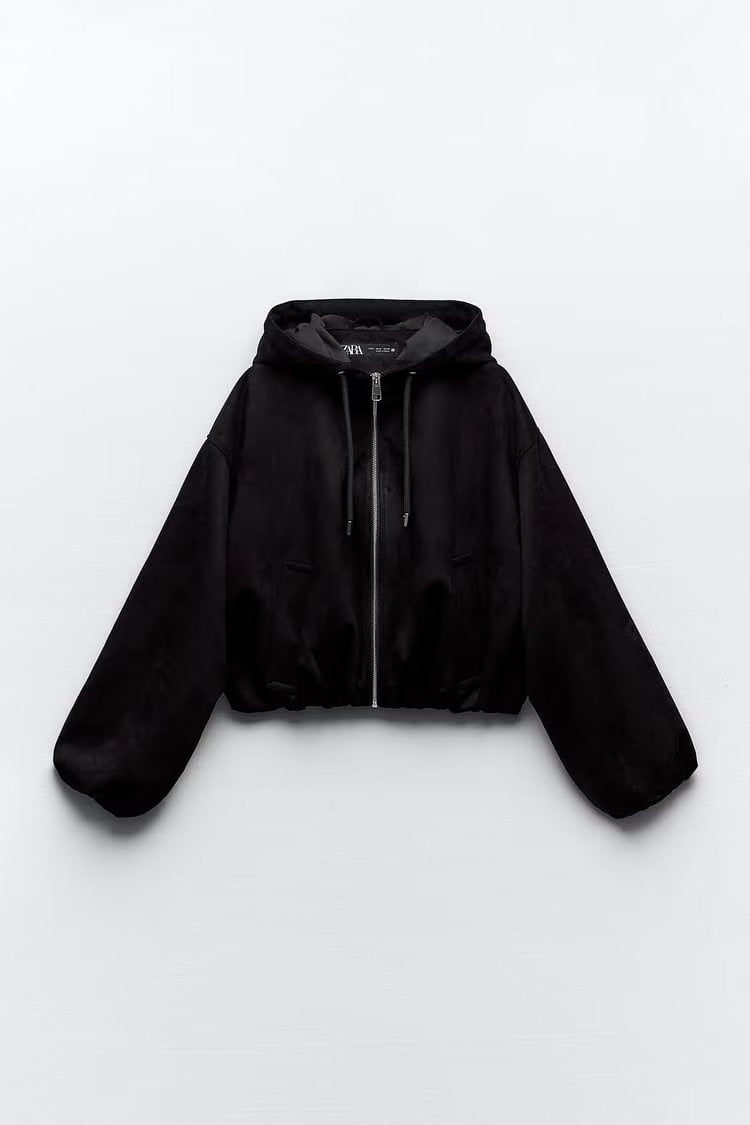 Preppy Loose Kurze Jacke mit Kapuze und plissiertem Wildleder-Textureffekt