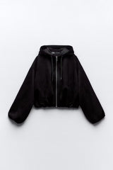 Preppy Loose Kurze Jacke mit Kapuze und plissiertem Wildleder-Textureffekt