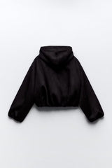 Preppy Loose Kurze Jacke mit Kapuze und plissiertem Wildleder-Textureffekt