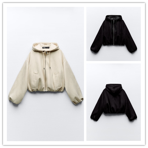Preppy Loose Kurze Jacke mit Kapuze und plissiertem Wildleder-Textureffekt