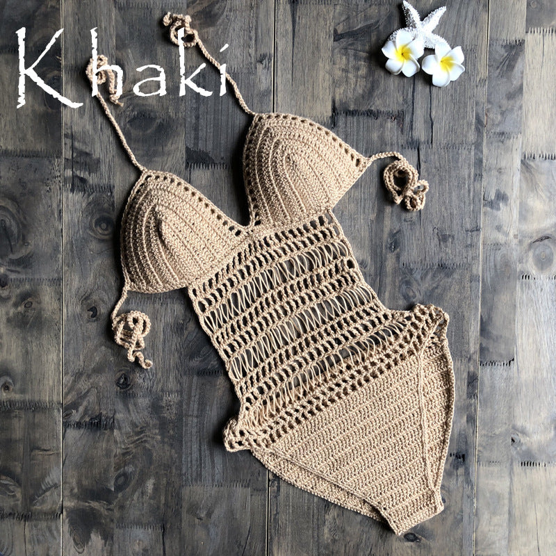 Halter Hand-Woven One-Piece Swimsuit Beach Hollow Out Cutout out German Swimsuit