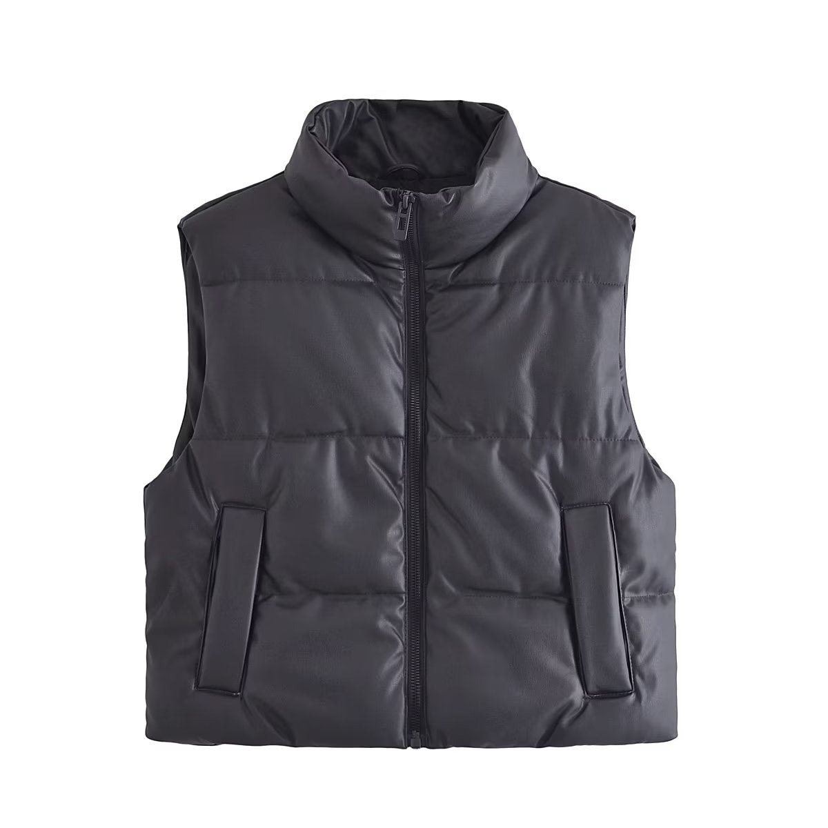 Casual Black Faux Leather StCollar Sleeveless Cotton Padded Jacket Vest