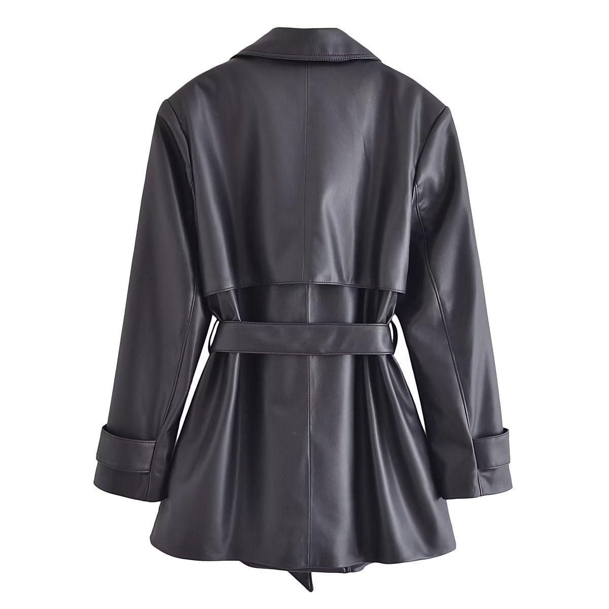 Retro Revers Kunstleder Mittellanger Trenchcoat Persönlichkeit Gürtel Schnürmantel