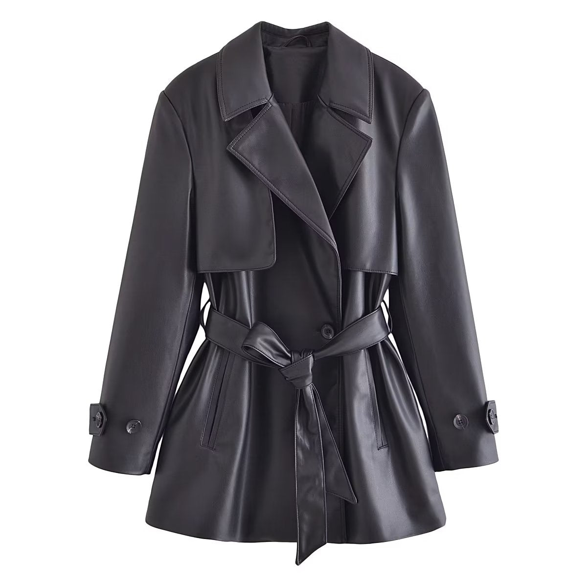 Retro Revers Kunstleder Mittellanger Trenchcoat Persönlichkeit Gürtel Schnürmantel