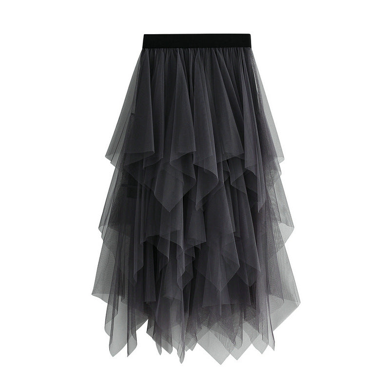 Unregelmäßiger asymmetrischer Netzrock, mittellanger Gazerock, hohe Taille, passender Schlankheitsrock