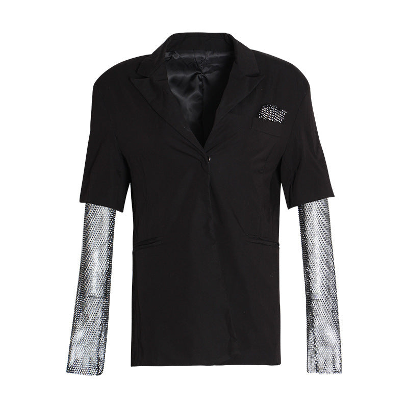 British Elegant Bead Mesh Stitching Long Sleeve Small Blazer