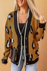 Animal Print Contrast Trim Button Front Cardigan