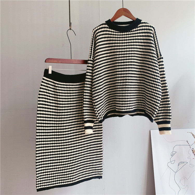 Artistic Retro Striped Knitted Skirt Korean Knitted Sheath Skirt Two Piece Set