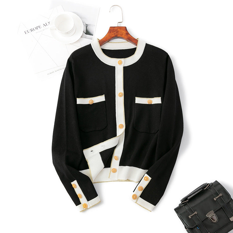 Classic Socialite Knitted Cardigan Contrast Color Coat Slimming Long Sleeves Coat Top