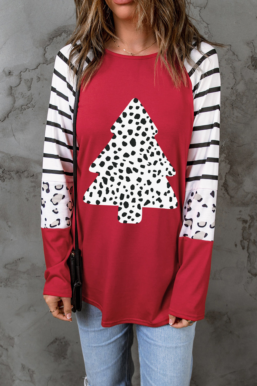 Red Leopard Christmas Tree Striped Color Block Graphic Top