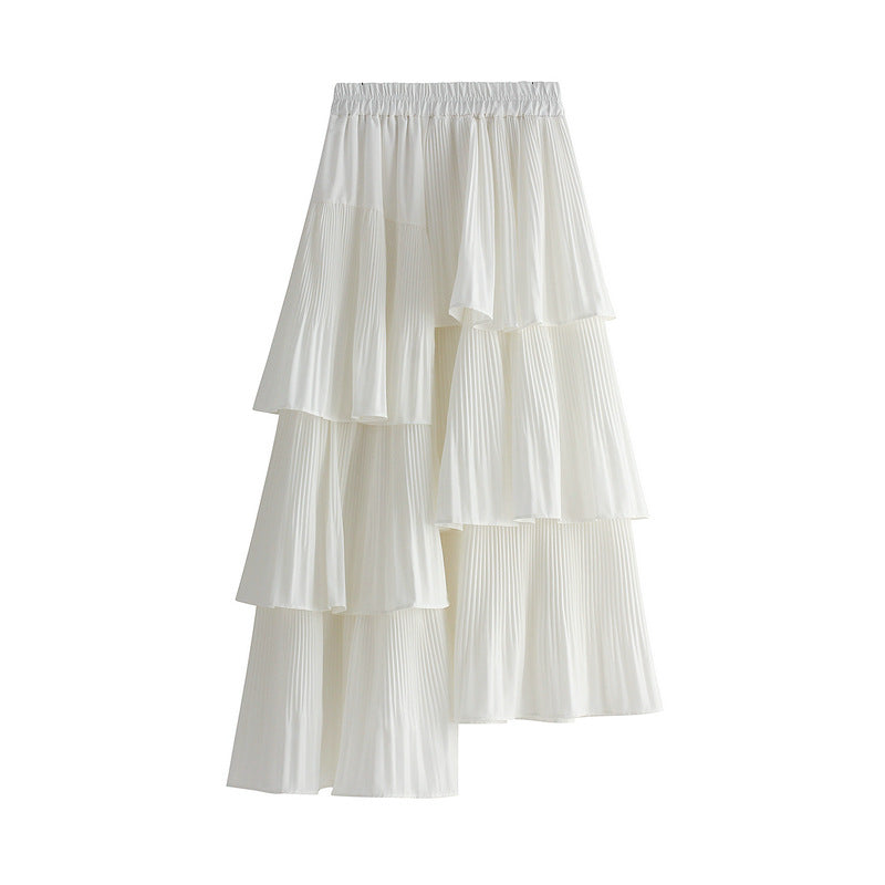 Korean Asymmetric Pleated Tiered Skirt AllMatch Mid Length Ruffled Irregular Asymmetric Skirt