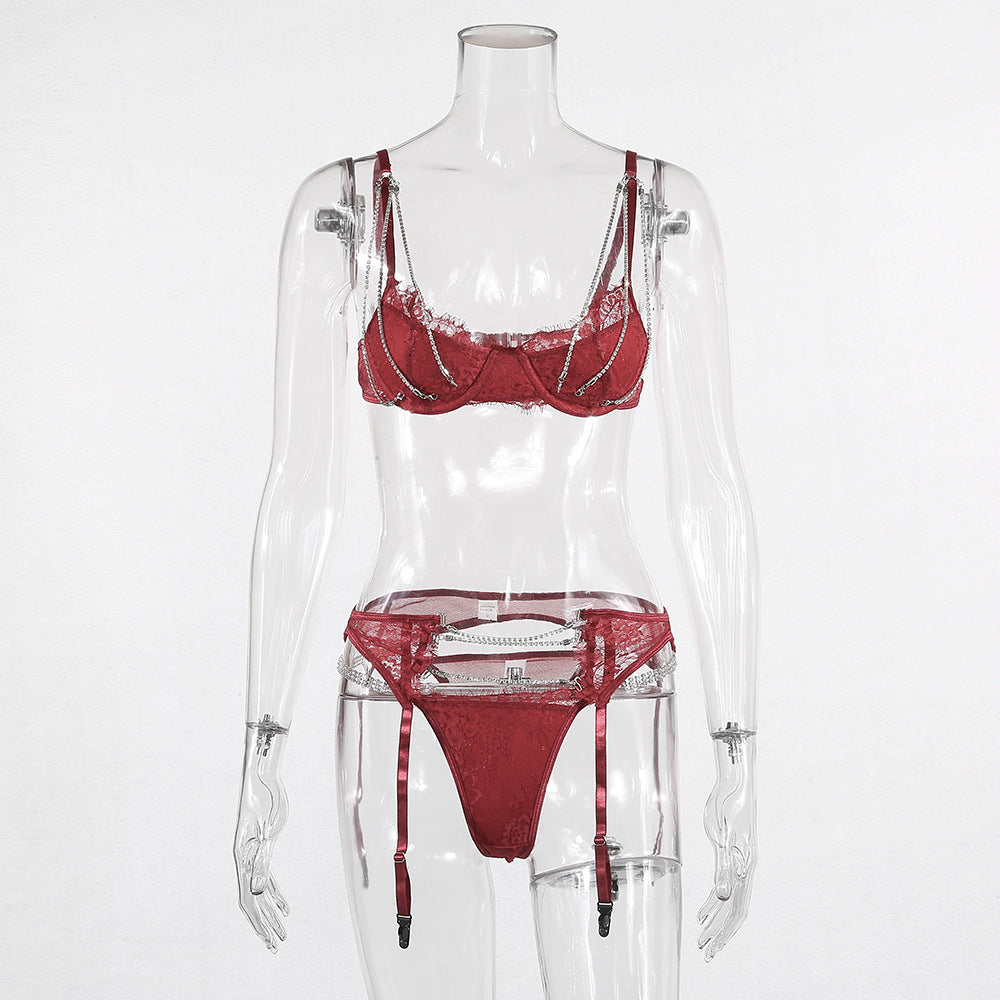 Heavy Craft Push up Chest Support Underwear Lace Rhinestone Three Piece Set