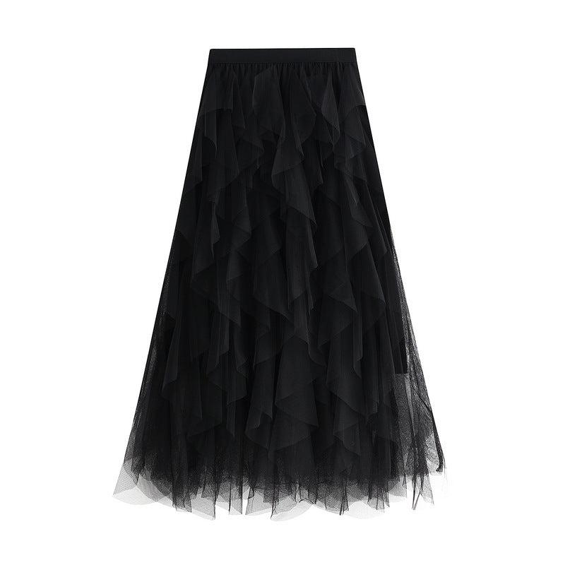 Heavy Craft Wave Unregelmäßiges asymmetrisches Lagenkleid mit Stufenmuster, Netz-Ballonrock, Feenkleid mit hoher Taille