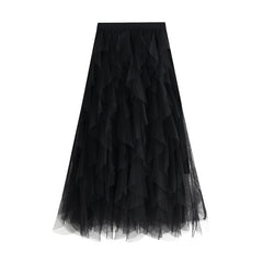 Heavy Craft Wave Unregelmäßiges asymmetrisches Lagenkleid mit Stufenmuster, Netz-Ballonrock, Feenkleid mit hoher Taille