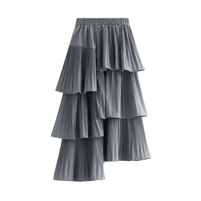 Korean Asymmetric Pleated Tiered Skirt AllMatch Mid Length Ruffled Irregular Asymmetric Skirt