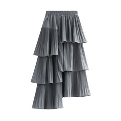 Korean Asymmetric Pleated Tiered Skirt AllMatch Mid Length Ruffled Irregular Asymmetric Skirt